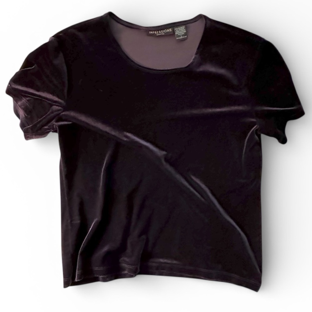 Impressions Velour Short Sleeve Top Women's Large Dark Purple Stretch Blouse EUC